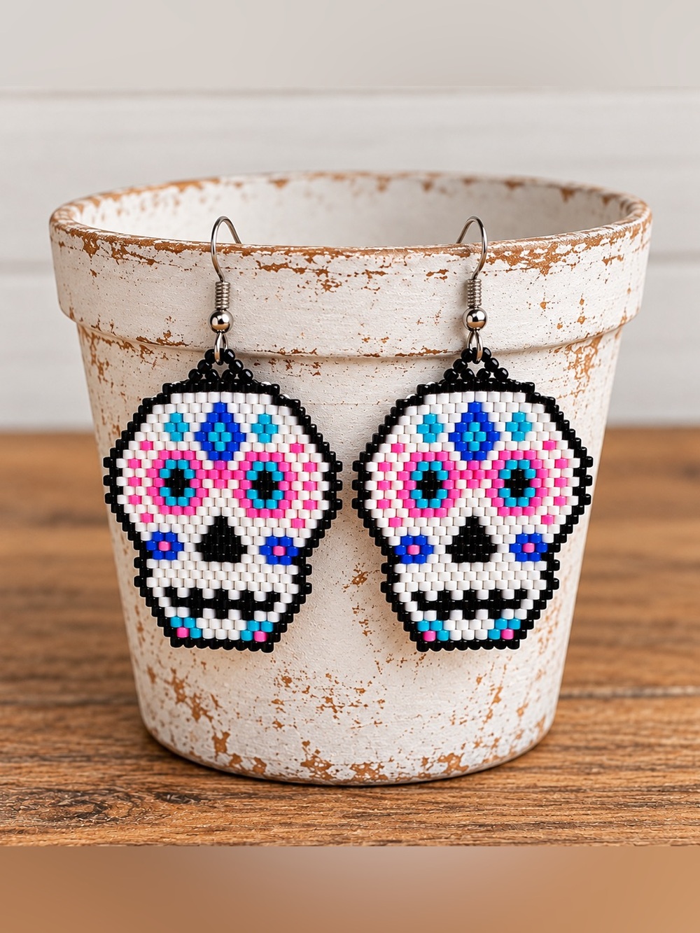 Handcrafted Sugar Skull Glass Beaded Dangle Earrings Day of the Dead 2.2”